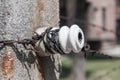 Detail of electrified barbed wire fence in Auschwitz concentration camp Konzentrationslager Auschwitz in Poland Royalty Free Stock Photo