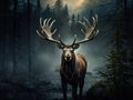 Detail of elk moose. Moose North America or Eurasian elk Eurasia Alces alces in the dark forest during rainy day. Be