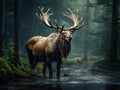 Detail of elk moose. Moose North America or Eurasian elk Eurasia Alces alces in the dark forest during rainy day. Be