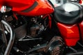 Detail of the engine of a modern motorcycle close-up. Royalty Free Stock Photo