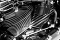 Detail of the engine of a motorcycle. Black and white photo. Royalty Free Stock Photo