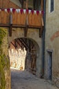 Detail of entrance into ancient Loket Castle. View in the courtyard of the castle by summer day Royalty Free Stock Photo