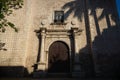 Detail of the entrance of the Church `El Jesus` during sunset with palm tree shadows, Merida, Yucatan, Mexico Royalty Free Stock Photo