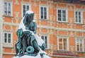 Detail of Erzherzog Johann fountain at main square Hauptplatz, in winter, in Graz, Styria region, Austria