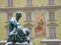 Detail of Erzherzog Johann fountain at main square Hauptplatz, in winter, in Graz, Styria region, Austria