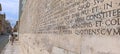 Detail of the external side facade with Latin writings of the Ara Pacis