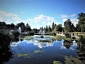 Fabulous view on chateau garden with fountains spouting water.