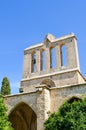 Detail of the facade of ancient Bellapais Abbey in Turkish Northern Cyprus taken with blue sky above. The historical Cypriot