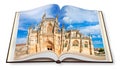 Detail of the facade of Batalha cathedral in Portugal Europe on opened photobook - 3D rendering Royalty Free Stock Photo