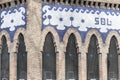 Detail facade box office of bullring,Monumental,sign Sol, sun.Barcelona.