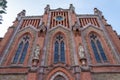 Detail of the facade with clock by Domenech i Montaner at the Pontifical University, Comillas, Spain, Europe, August 29, 2023