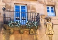 Flowers on Stone House Iron Lace Balcony, Barcelona, Spain