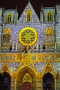 Detail of the facade of Saint-Jean Cathedral, Lyon - France, during the Festival of Lights 2022 Royalty Free Stock Photo