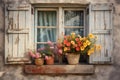 detail of farmhouse window with shutters and rustic flower box