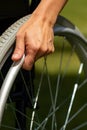 Detail of female hand on wheelchair Royalty Free Stock Photo