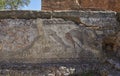 Detail of the Fish designed Roman mosaics in the Bathing Pool at the Water Temple of the Ruins of Milreu. Royalty Free Stock Photo