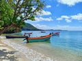 Detail of fishing boats on the Caribbean coast of the French Antilles. Tropical beach in Caribbean fishing village. Creole culture Royalty Free Stock Photo