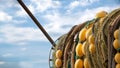 Detail of a fishing net collected in the back of a fishing boat with a blue sky in the background Royalty Free Stock Photo