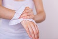 Detail of cleaning hands with wet wipes Royalty Free Stock Photo