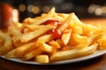 Detail focus golden perfection of French fries on tabletop