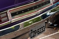 Detail of the front part of a Plymouth car is seen at an exhibition of vintage cars in the city of Salvador, Bahia