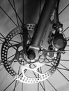 Detail of Front tire of a bicycle with disk brakes Royalty Free Stock Photo