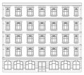 Detail front view house facade building outline contour with shop street panorama, windows, doors and pillars. Vector line art ill Royalty Free Stock Photo