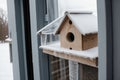 Detail of frost on a birdhouse window