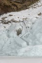 Detail of frozen stairs at Seljalandsfoss waterfall