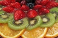 Detail of fruit cake with strawberries and slices of orange and kiwi