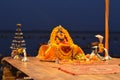 Detail of Gangotri Seva Samiti at Aarti Ceremony in The Ganges River in Varanasi, India Royalty Free Stock Photo