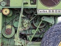 Detail of gears and pulleys in a John Deer Turbo 6602 combine in Lind, Washington, USA - June 19, 2022