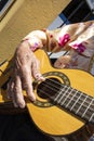 detail of a gentleman playing the guitar during the Folia de Reis folk festival. Sunny day, colorful clothes