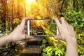 Girl taking pictures on mobile smart phone in Jiuzhaigou National Park,China Royalty Free Stock Photo