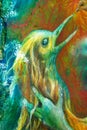 Detail of golden phoenix bird head, fantasy imagination detailed colorful painting.