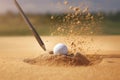 detail of golf ball striked by the club in the sand bunker, ball point of view, explosions of energy in the swing illustration Royalty Free Stock Photo