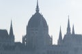 Detail of gothic architecture on parliament building cupola in morning haze, Budapest, Hungary Royalty Free Stock Photo