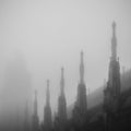 Detail of a gothic church. Black and white moody photo of an ornate stone wall. Dark, horror, fantasy concept