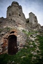 Detail of gothic tower of castle Levice with entrance to catacombs.