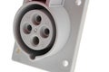 Detail of gray plastic three phase electric wall plug, white background