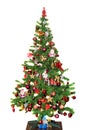 Detail of green Christmas (Chrismas) tree with colored ornaments, globes, stars, Santa Claus, Snowman