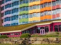 Detail of green roof and colorful exterior of Isala hospital in Zwolle