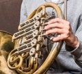 Detail of a hand on a french horn