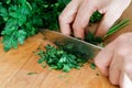 Detail of hands chopping up a bunch of parsley on wood chopping Royalty Free Stock Photo