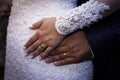 Detail with hands of newlyweds displaying wedding rings Royalty Free Stock Photo