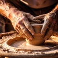 Detail of the hands of a potter shaping a piece of clay