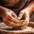 Detail of the hands of a potter shaping a piece of clay