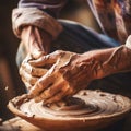 Detail of the hands of a potter shaping a piece of clay