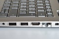 Detail of headphone jacks, usb ports, hdmi and rj45 lan port on the side of a modern laptop Royalty Free Stock Photo