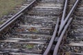 Detail of a heart of a railway switch or point. Part of train switch where tracks are held together. Old train switch Royalty Free Stock Photo